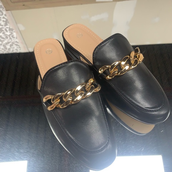 Gold Chain Detail Flat Slip On Mule in Black Faux Leather - Women’s - Picture 3 of 8